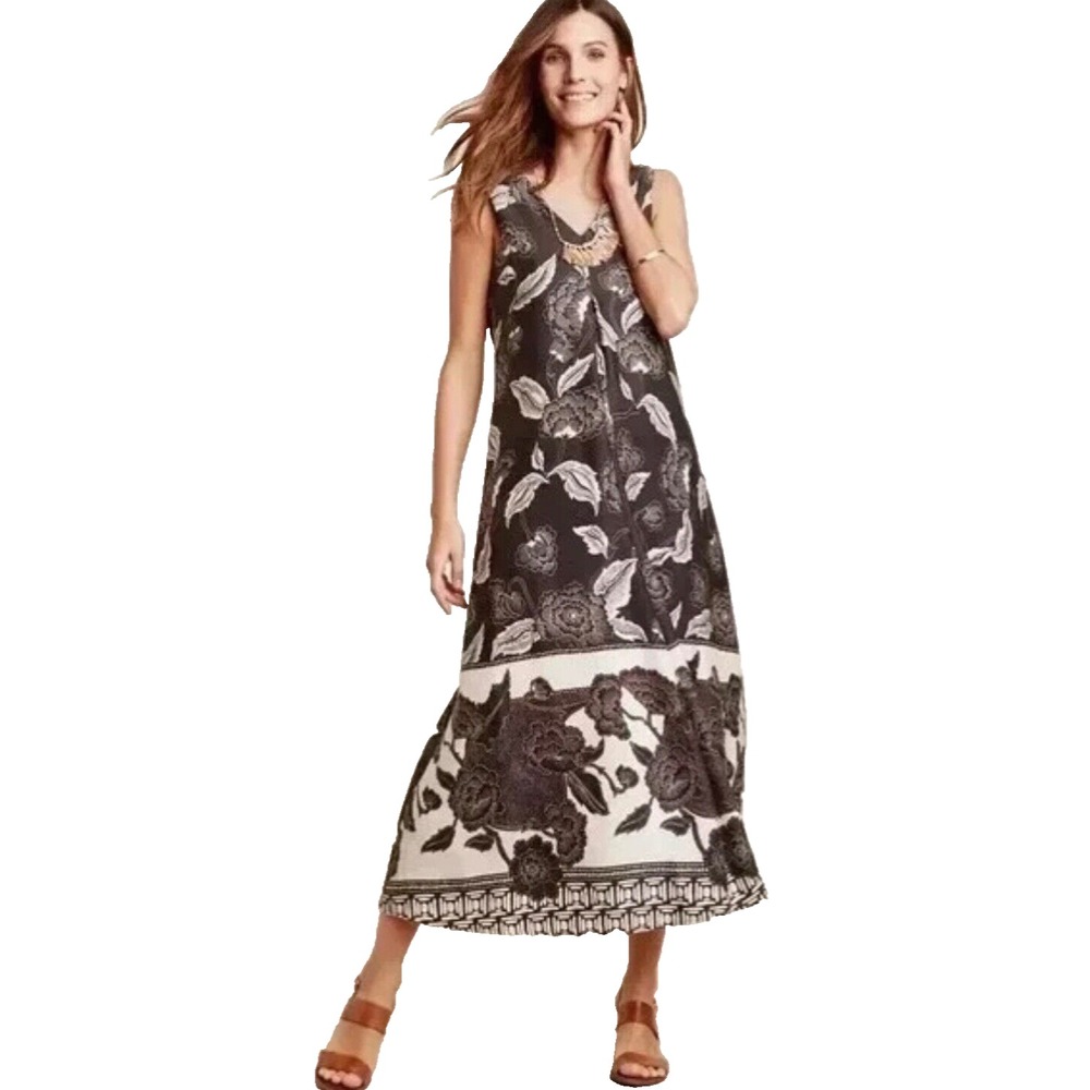 Anthropologie Floreat Soha Maxi Dress size S Grayβ Floral Print Sleeveless Pleat